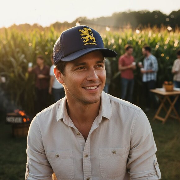 Vintage Lowenbrau Beer Hat Trucker Mesh Snapback Cap Blue Gold Lion Logo Brewery - Picture 2 of 6